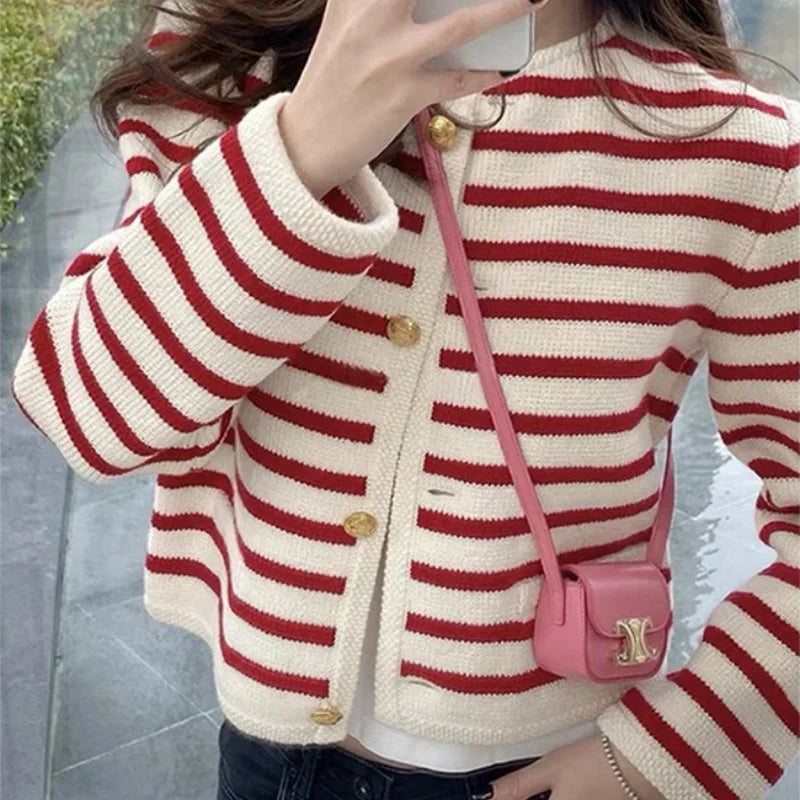 Autumn and winter Korean contrasting striped knitted cardigan