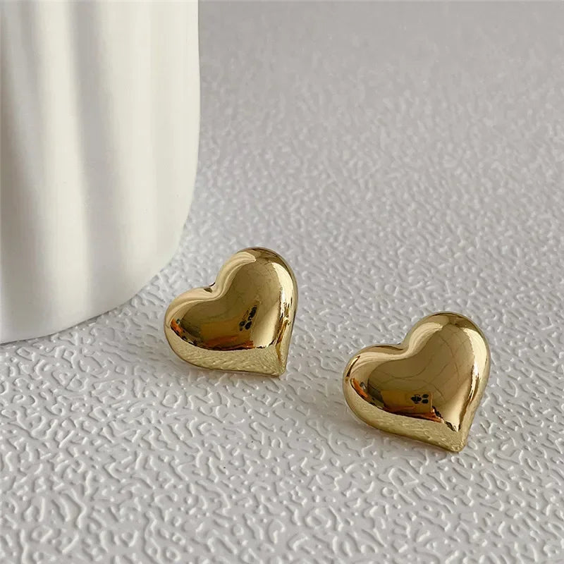 LATS Gold Color Smooth Surface Love Heart Shaped Stud Earrings