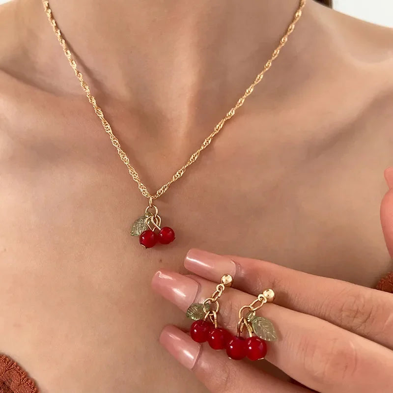 Exquisite Cherry Red Necklace And Earring Set