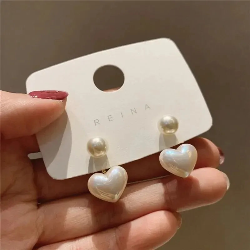 2Pcs Imitation Pearl Earrings For Women, Heart Stud Earrings