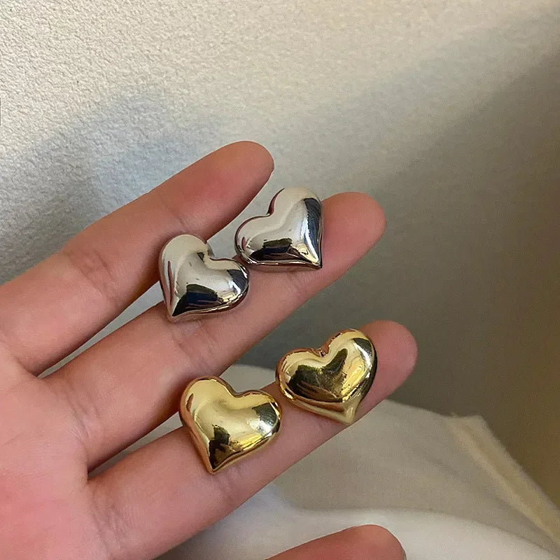 LATS Gold Color Smooth Surface Love Heart Shaped Stud Earrings