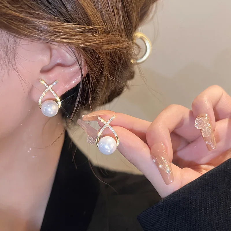 Korean Vintage Imitate Pearl Crystal Earrings