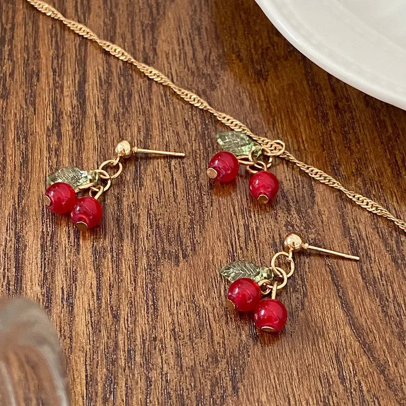 Exquisite Cherry Red Necklace And Earring Set