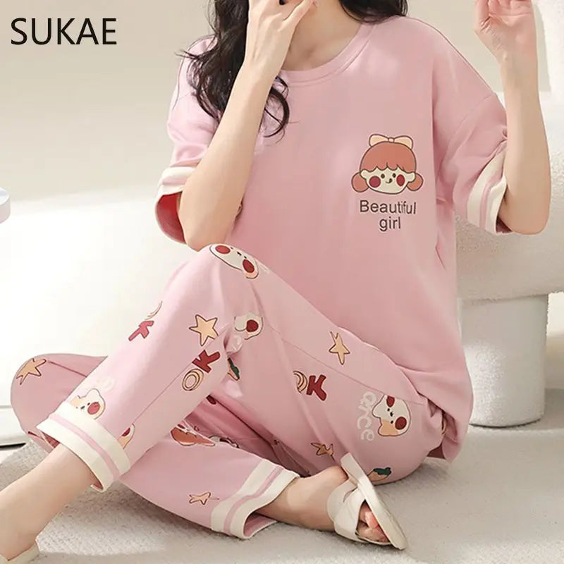 SUKAE Summer Women Pajamas Set Plus Size