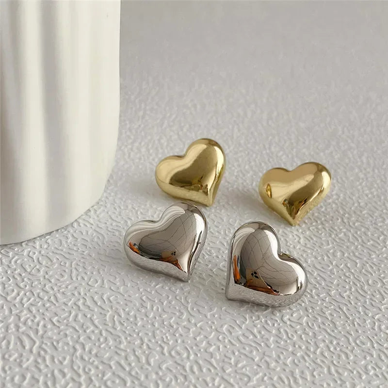 LATS Gold Color Smooth Surface Love Heart Shaped Stud Earrings