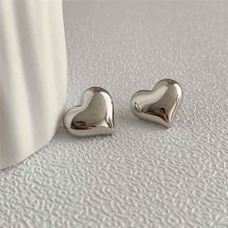 LATS Gold Color Smooth Surface Love Heart Shaped Stud Earrings