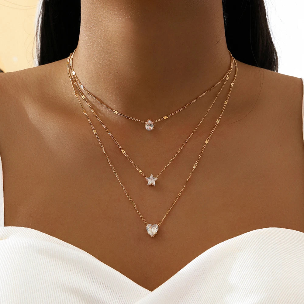 1Pc Multi-layered Dainty Light Luxury Water Drop Love Heart Star Set Chain Pendant