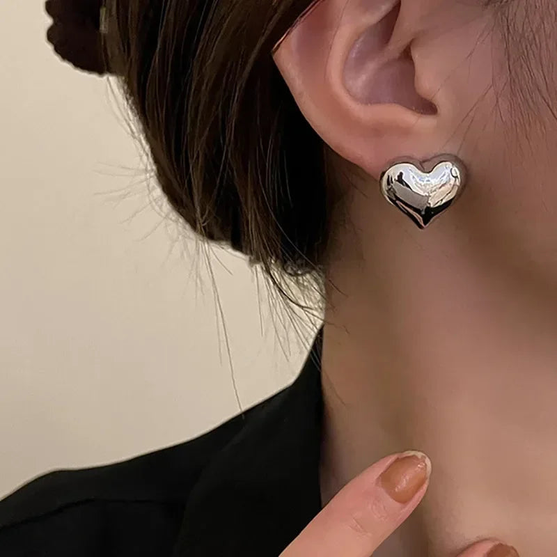 LATS Gold Color Smooth Surface Love Heart Shaped Stud Earrings